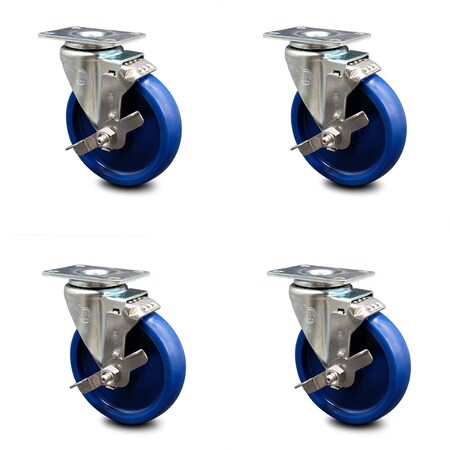 Service Caster 5 Inch Solid Polyurethane Wheel Swivel Top Plate Caster Set with Brake SCC SCC-20S514-SPUS-TLB-TP3-4